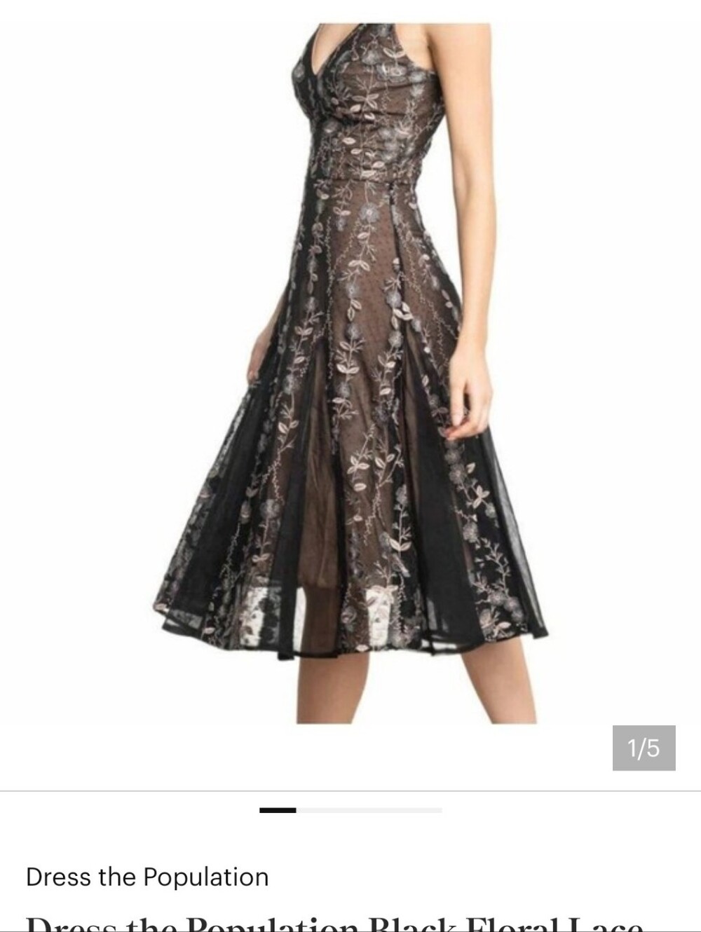 Dress the Population NWT Black Floral Embroidered Midi Dress V-Neck Cocktail  L - Picture 5 of 5